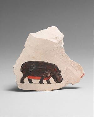 Artwork Title: Limestone ostracon with image of a hippopotamus. Thebes, Egyptian, New Kingdom, 18th dynasty, 1479 B
