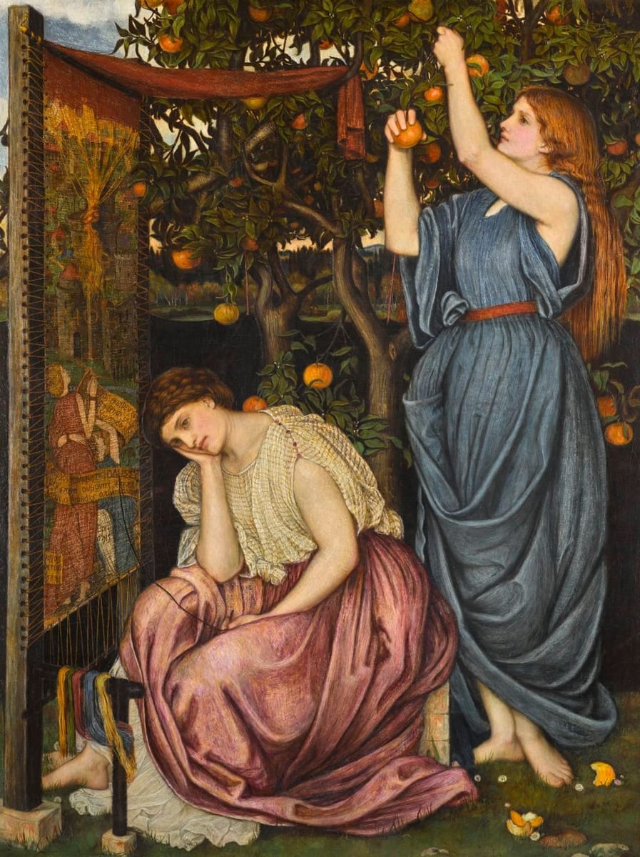 Artwork Title: Penelope at her tapestry loom with a handmaiden picking apples