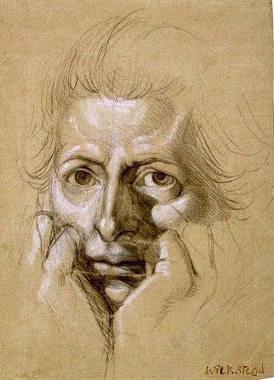 Artwork Title: Study for a self-portrait, showing the artist’s face cupped in hands