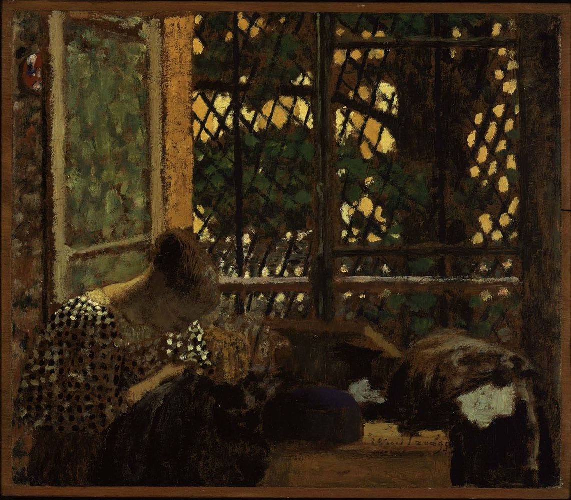 Artwork Title: Woman Sewing Before a Garden Window