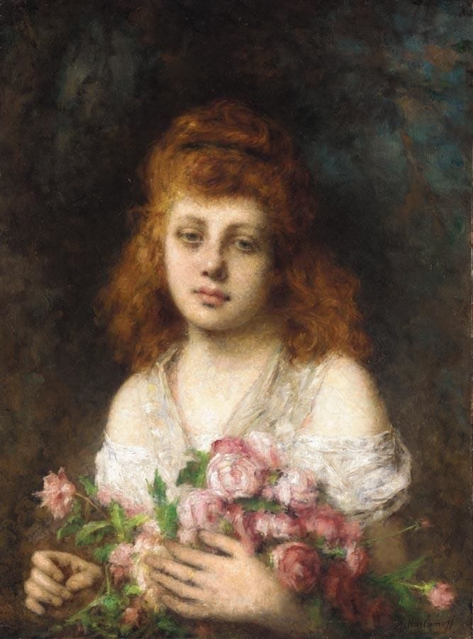 Artwork Title: Auburn-haired Beauty with Bouquet of Roses