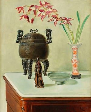 Artwork Title: Stilleben med orkidé och rökelsekar