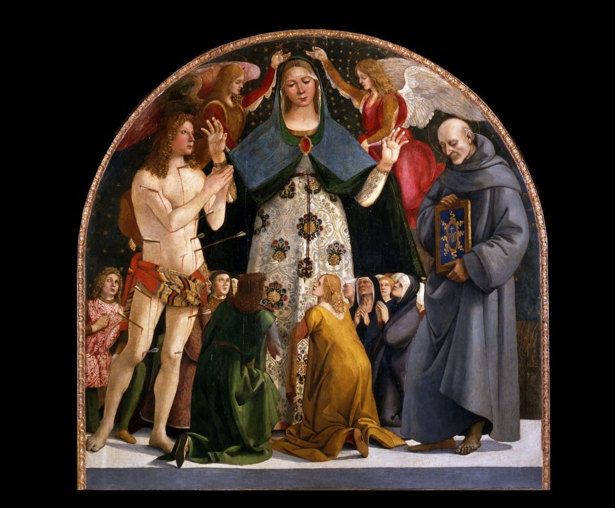 Artwork Title: Madonna of Mercy and Saints Sebastian and Bernardino da Sienna