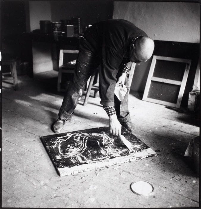 Artwork Title: Jean Dubuffet in action, using plastics on wood.  New York City