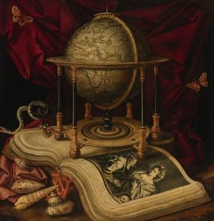 Artwork Title: Vanitas Still Life with a Terrestrial Globe, a Book, Shells, a Snake and Butterflies