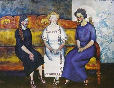 Artwork Title: Three sisters on the couch. Portrait of N. Samoilova, L. Samoilova and E. Samoilova