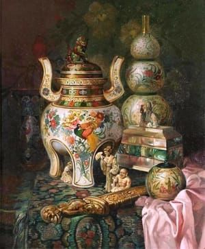 Artwork Title: Still life with Oriental Incense Burner, Vase, Mother of Pearl Box and Okimono Figurines
