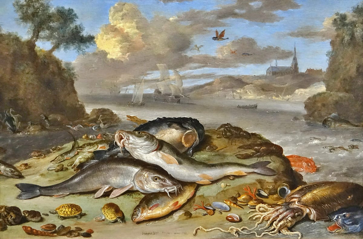 Artwork Title: Still Life With Fish And Sea Animals In A Coastal Landscape