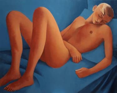 Artwork Title: orange on blue nude