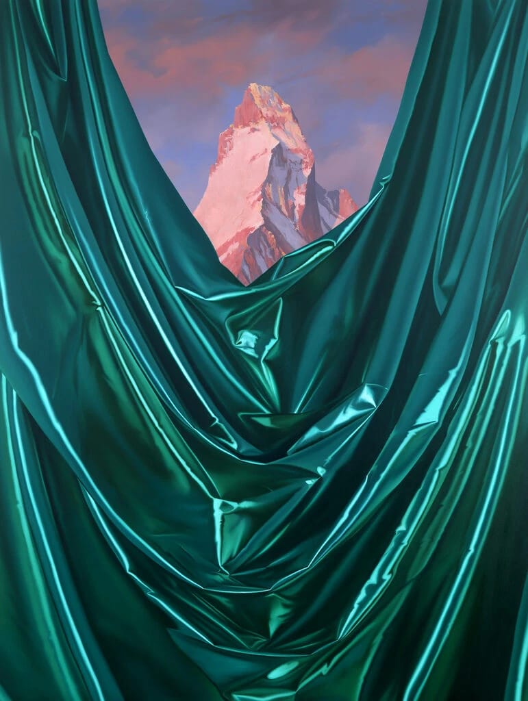 Artwork Title: Metallic Teal Green Fabric with Landscape (after Bierstadt)