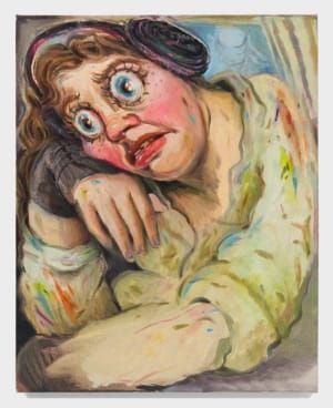 Artwork Title: Self-Portrait in Painting Jacket (The week that Granny crunched her hip, Ed Piskor unalived himself, student boards, sore hand sore thumb methylphenidate shortage while painting (this painting))