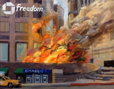 Artwork Title: Chase Bank in Flames: Figueroa St, DTLA