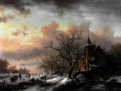 Artwork Title: Castle in a winter landscape and skaters on a frozen river