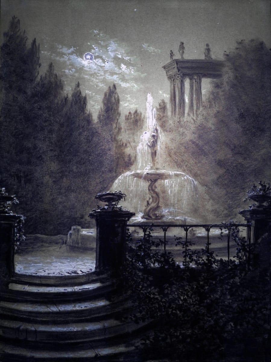 Artwork Title: Park With A Fountain In The Moonlight