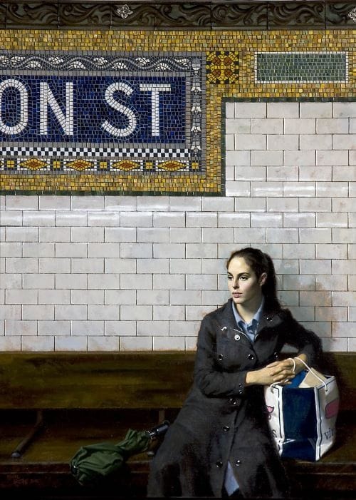 Artwork Title: Waiting - Fulton St. (green umbrella)