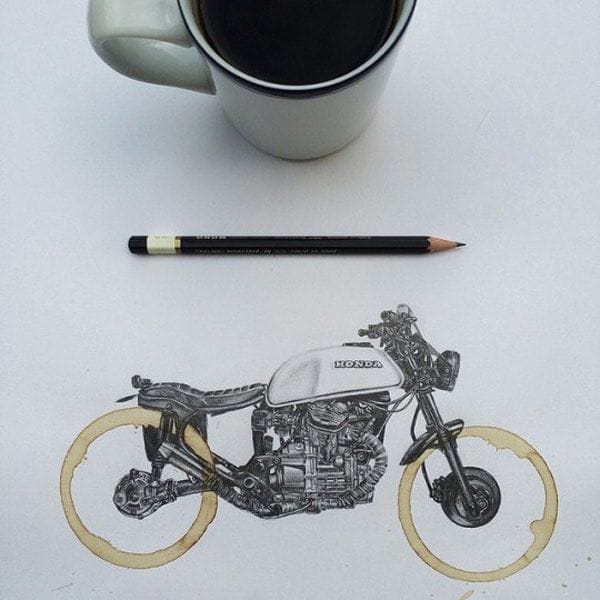 Artwork Title: Drawings of Motorcycles Using Coffee Cup Stains