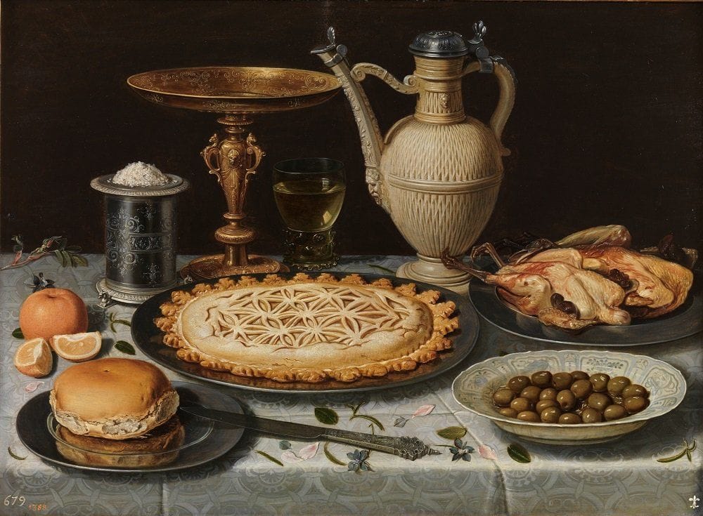 Artwork Title: Table with Cloth, Salt Cellar, Gilt Standing Cup, Pie, Porcelain Plate with Olives and Cooked Fowl