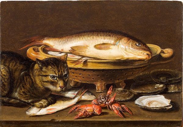 Artwork Title: Still Life with Fish in a Ceramic Collander, Oysters, Langoustines, Mackerel and a Cat on the Ledge