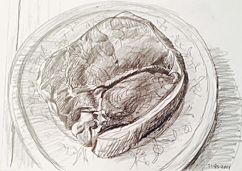 Artwork Title: Steak on Blue and White Plate