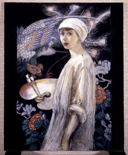 Artwork Title: Self Portrait with Paradise Birds (Self Portrait in Front of Chinese Screen)