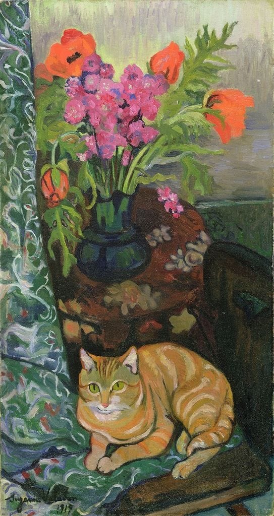 Artwork Title: Cat Lying in front of a Bouquet of Flowers