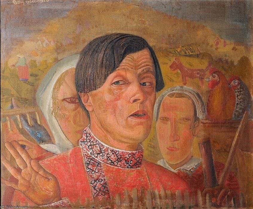 Artwork Title: Self Portrait with Rooster and Hen