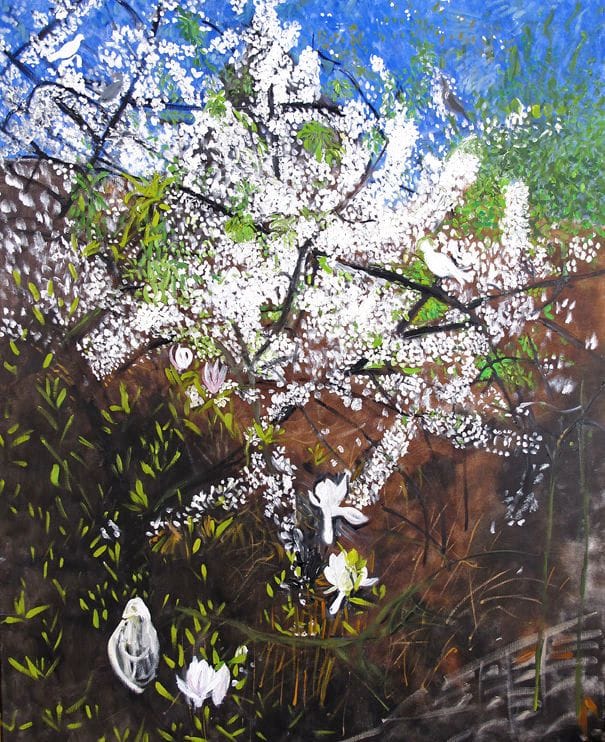 Artwork Title: White Doves and Cherry Trees