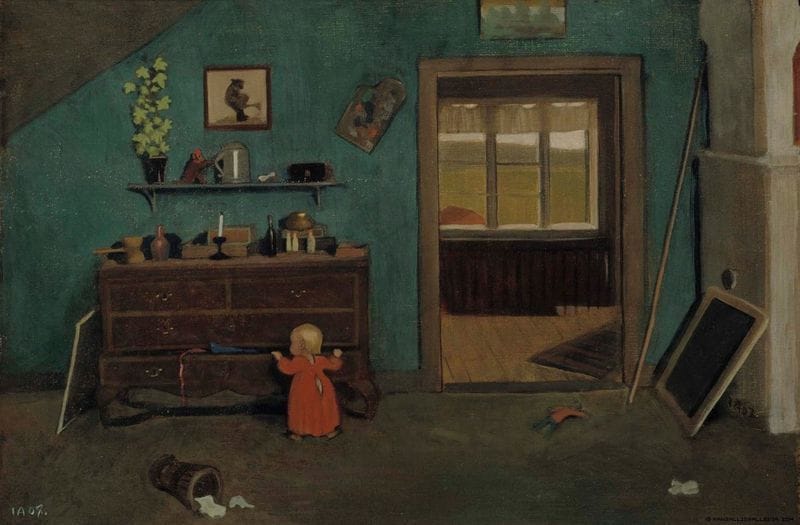 Artwork Title: Interior, Little girl by Chest of Drawers