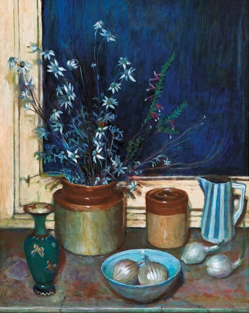 Artwork Title: Still Life, Flannel Flowers and Onions