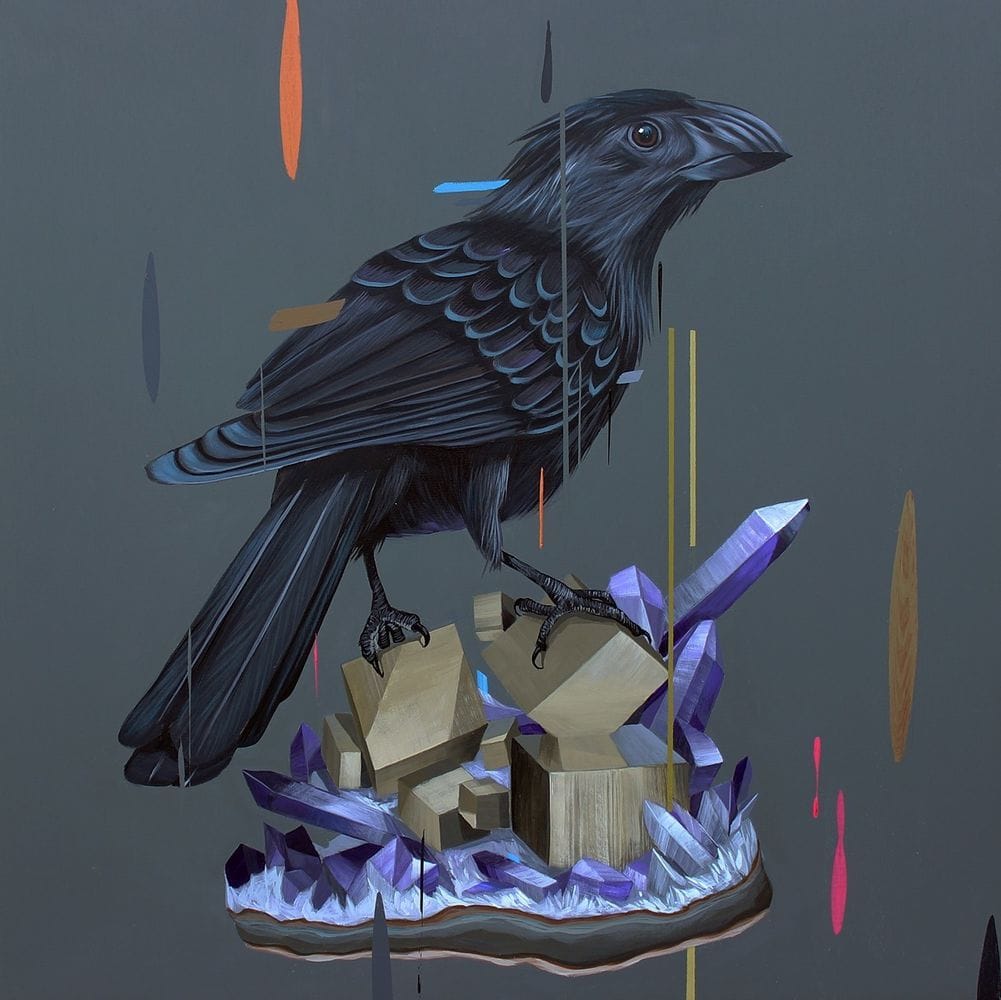 Artwork Title: Groove Billed Ani with Pyrite and Quartz