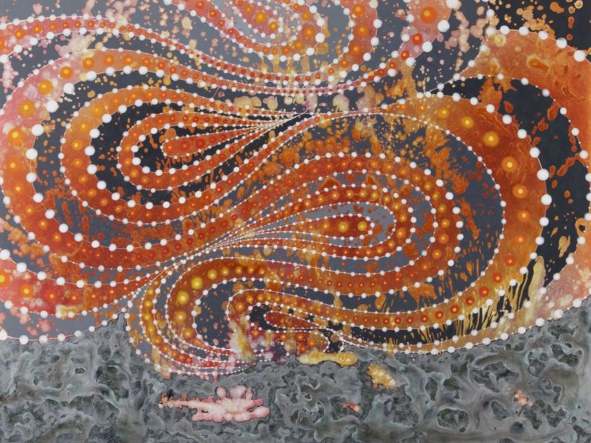 Artwork Title: Red Swoop Above Silver Gray