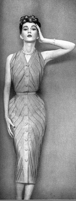Artwork Title: Dovima in narrow pink crêpe dress by Christian Dior, Harpers Bazaar