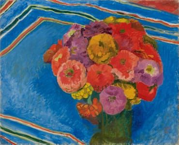Artwork Title: Zinnias on Blue Cloth