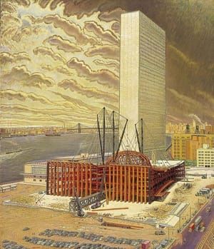 Artwork Title: Building the United Nations, #5: Finishing Steel of General Assembly
