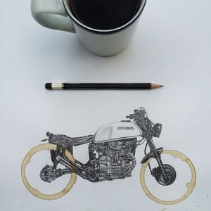 Artwork Title: Drawings of Motorcycles Using Coffee Cup Stains