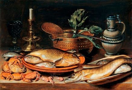 Artwork Title: Still life with Carp in a Ceramic Colander