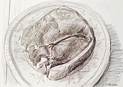 Artwork Title: Steak on Blue and White Plate