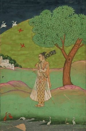 Artwork Title: Indian woman holding a fan at a pond
