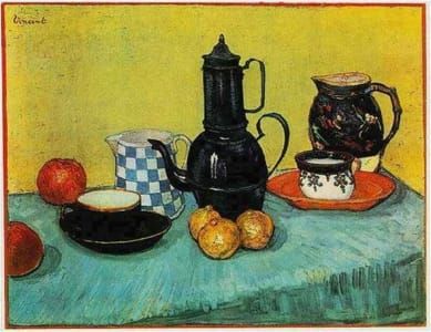 Artwork Title: Still Life: Blue Enamel Coffeepot, Earthenware and Fruit