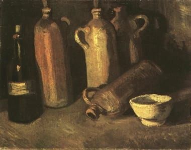 Artwork Title: Still Life With Four Stone Bottles, Flask And White Cup