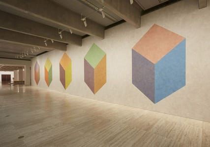 Artwork Title: Wall Drawing 604H, cubic rectangle with color ink washes superimposed