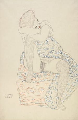 Artwork Title: Seated Female Semi-Nude in Patterned Dress, Her Head Resting on Her Right Knee