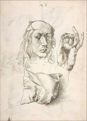 Artwork Title: Study sheet with Self Portrait, Hand, and Cushions