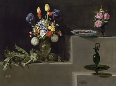 Artwork Title: Bodegon Con Alcachofas, Flores Y Recipientes De Vidrio