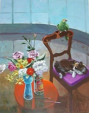 Artwork Title: Room with Curved Window Cat and Bird