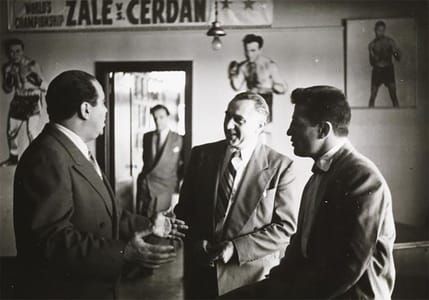 Artwork Title: Rocky Graziano With Two Men By A Sign For The Middleweight Championship Fight Between Tony Zale And 