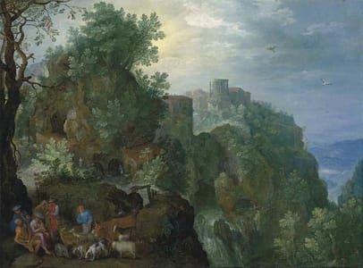 Artwork Title: A mountainous landscape with herdsmen resting by a path, a view of Tivoli, with the Temple of Vesta 