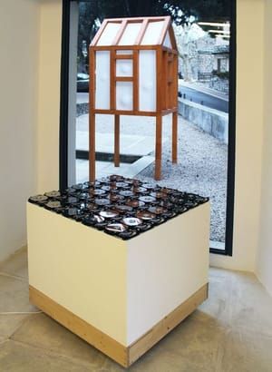 Artwork Title: 35 Hard drive speakers playing the voice record of their own title expanded to the lenght of the exh