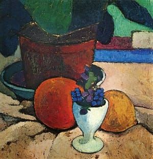 Artwork Title: Still life with Potted Plant, Fish Bowl, Lemon and Orange