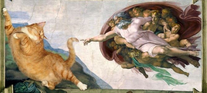 Artwork Title: The Creation of cAt-dam, based on Michaelangelo's Creation Of Adam